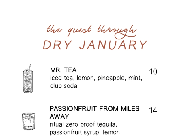 Dry January non-alcoholic cocktail menu featuring zero proof spirits like Ritual tequila and gin mocktails with prices.