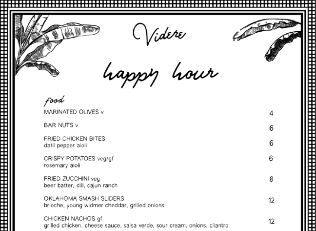 Videre restaurant happy hour food menu featuring items like smash sliders, chicken nachos, and fish tacos with prices.