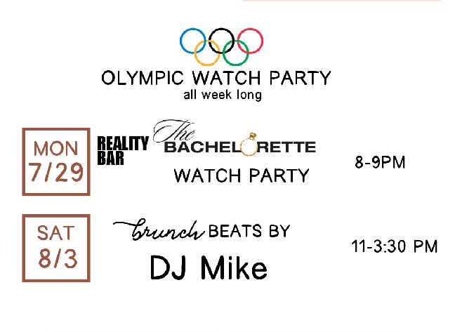 Black and white flyer - Olympic Watch Party Calendar for this week