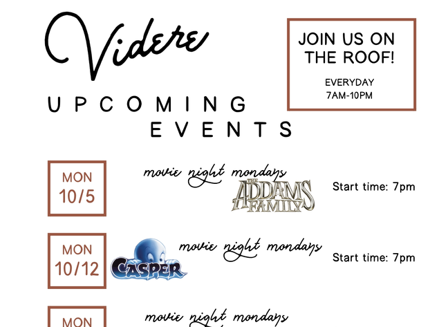 Upcoming events flyer showing rooftop access from 7 AM to 10 PM daily, and Movie Night Mondays featuring The Addams Family on October 5 and Casper on October 12, both starting at 7 PM.