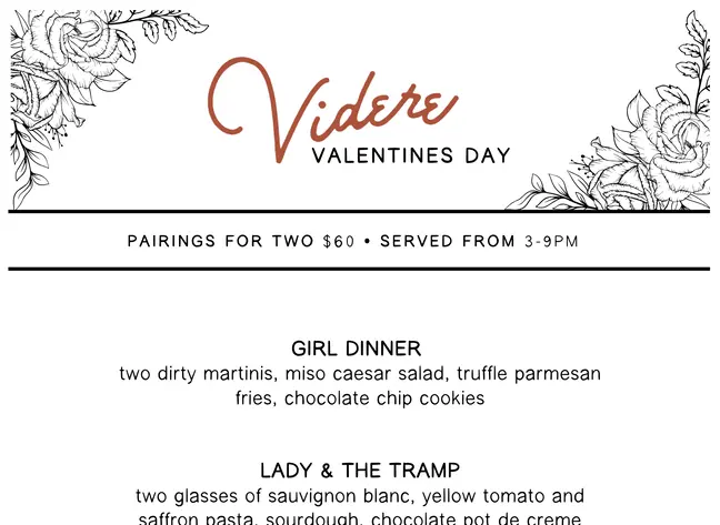 Videre restaurant Valentine's Day dinner menu at Kimpton Hotel Wilshire featuring food and drink pairings for two like the Girl Dinner and Bromance packages.