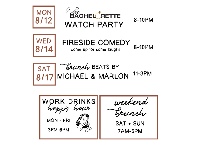 Black and white flyer - Olympic Watch Party Calendar for this week. Aug 12 - 18