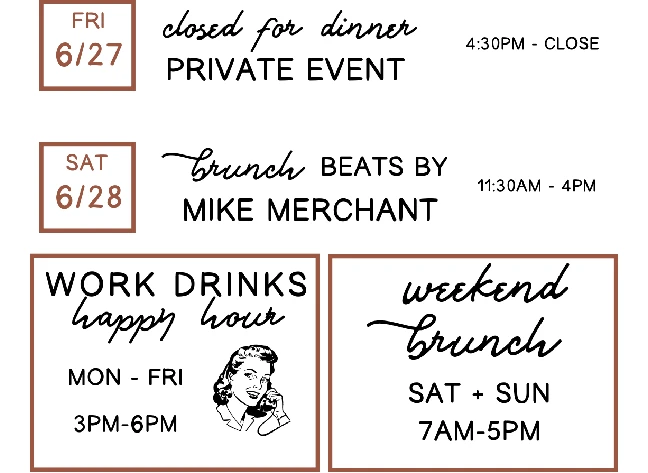 Videre June events: rooftop hours, private dinner 6/27, brunch with DJ 6/28, happy hour weekdays, weekend brunch.